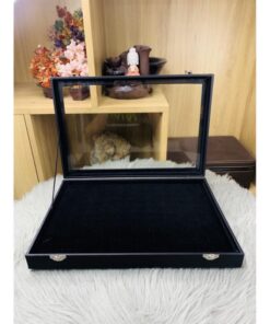Hộp trưng 100 nhẫn nhung nắp kính CAO CẤP màu đen 35x24x4.5cm, hỗ trợ các tiệm vàng bạc trưng bày nhẫn sang trọng